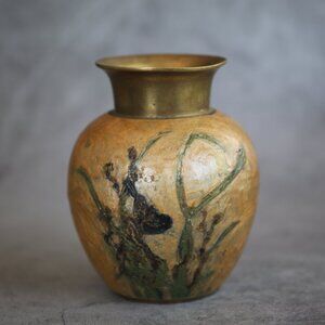 Hand Painted Enamel Brass Vase with Flowers